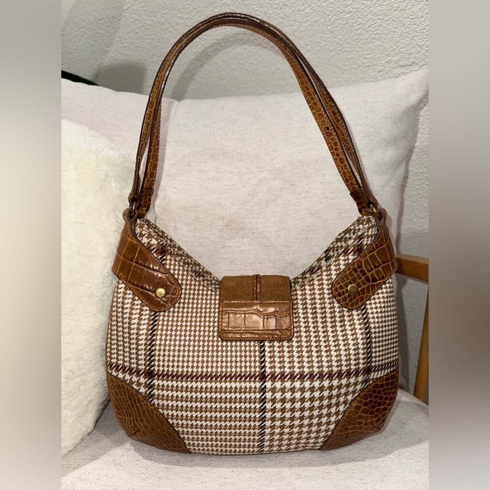 ‼️SOLD‼️Ralph Lauren Houndstooth Neutral Croc Leather Toggle Lock Hobo Bag Purse - Picture 5 of 16